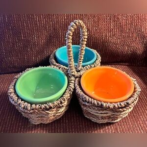 Woven Basket Condiment Holder w/3 Ceramic Bowls